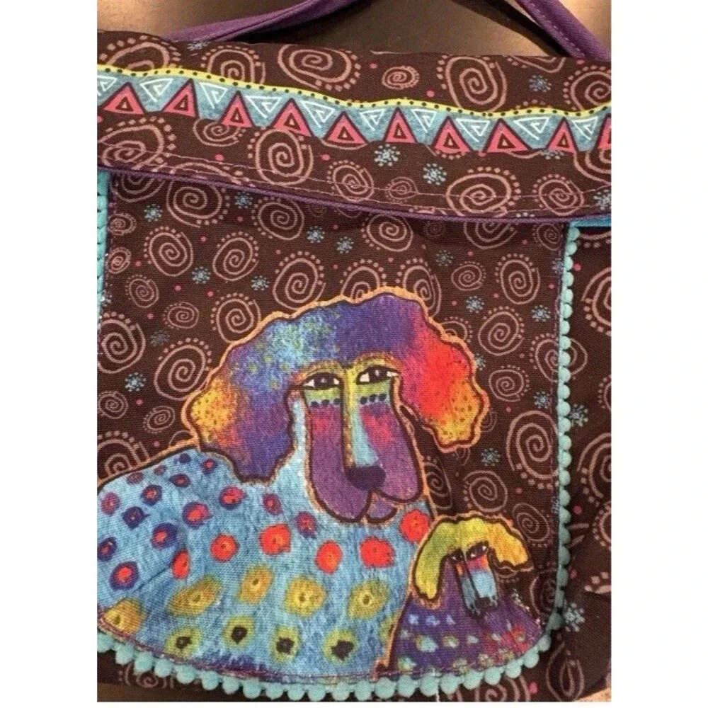 Laurel Burch Shoulder Bag Multicolor Dogs Poodles Canvas Artsy Boho Vtg